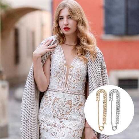 2 Pcs Gold Sliver Safety Brooch Pins Rhinestone Safety Pin Brooch Decorative Pins for Clothing Fancy Crystal Brooches Pin Large Crystal Metal Elegant Shawl Clips for Women Skirts Scarf Shirt Hats in Saudi Arabia