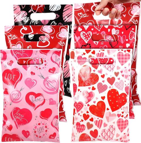 Pickmesh 150 Pcs Valentines Day Plastic Bags Bulk Valentine Candy Cellophane Bags with Handles for Gift Exchange Heart Goodie Treat Handbags for Sweet Day Birthday Party Favor Supplies (Fashion) in Saudi Arabia