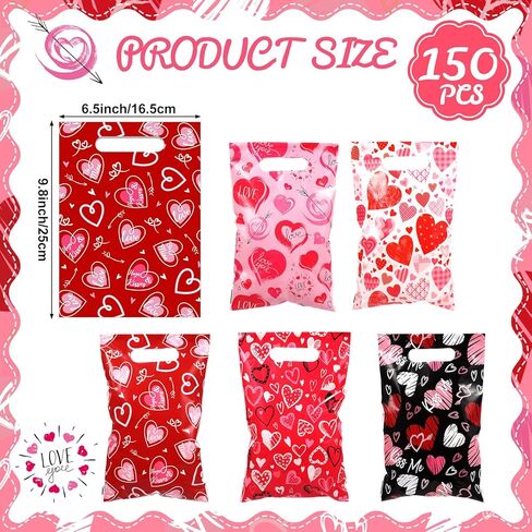 Pickmesh 150 Pcs Valentines Day Plastic Bags Bulk Valentine Candy Cellophane Bags with Handles for Gift Exchange Heart Goodie Treat Handbags for Sweet Day Birthday Party Favor Supplies (Fashion) in Saudi Arabia