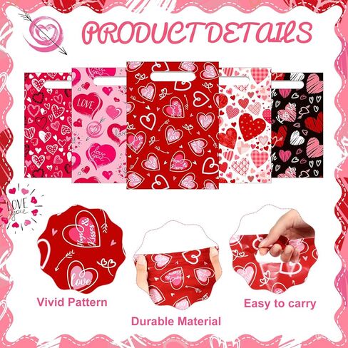 Pickmesh 150 Pcs Valentines Day Plastic Bags Bulk Valentine Candy Cellophane Bags with Handles for Gift Exchange Heart Goodie Treat Handbags for Sweet Day Birthday Party Favor Supplies (Fashion) in Saudi Arabia