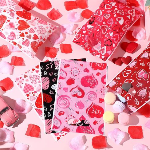 Pickmesh 150 Pcs Valentines Day Plastic Bags Bulk Valentine Candy Cellophane Bags with Handles for Gift Exchange Heart Goodie Treat Handbags for Sweet Day Birthday Party Favor Supplies (Fashion) in Saudi Arabia