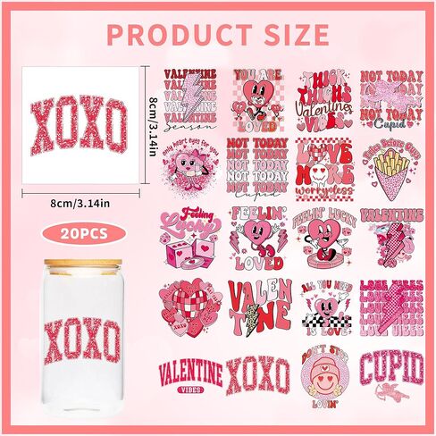 UV DTF Cup Wrap - 20 Sheet Retro Valentine UV DTF Transfer Stickers, Trendy Cup Wraps for Glass, Y2K Style Waterproof Decals, DIY Crafts for Teenagers Friends in Saudi Arabia