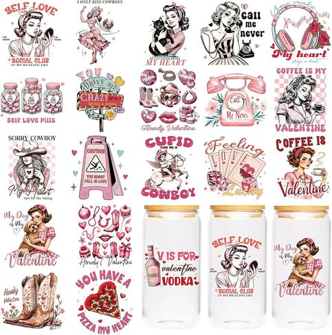 UV DTF Cup Wrap - 20 Sheet Retro Valentine UV DTF Transfer Stickers, Trendy Cup Wraps for Glass, Y2K Style Waterproof Decals, DIY Crafts for Teenagers Friends in Saudi Arabia