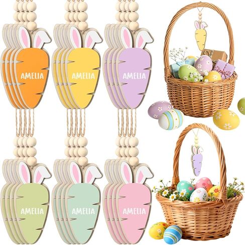 Youyole 24 Pcs Easter Basket Name Tag Personalized Wooden Bunny Carrot Hanging Sign Gift Tags Blank Rabbit Carrot Cutouts with Beads Twine Spring Gifts Tags for Easter Party DIY Craft Home Decor in Saudi Arabia