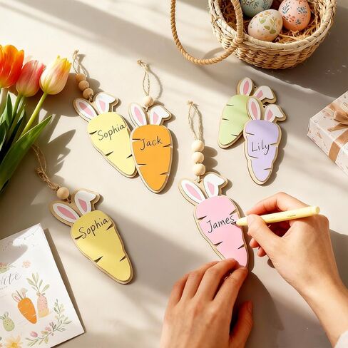 Youyole 24 Pcs Easter Basket Name Tag Personalized Wooden Bunny Carrot Hanging Sign Gift Tags Blank Rabbit Carrot Cutouts with Beads Twine Spring Gifts Tags for Easter Party DIY Craft Home Decor in Saudi Arabia