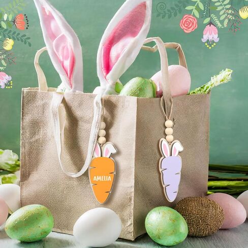 Youyole 24 Pcs Easter Basket Name Tag Personalized Wooden Bunny Carrot Hanging Sign Gift Tags Blank Rabbit Carrot Cutouts with Beads Twine Spring Gifts Tags for Easter Party DIY Craft Home Decor in Saudi Arabia