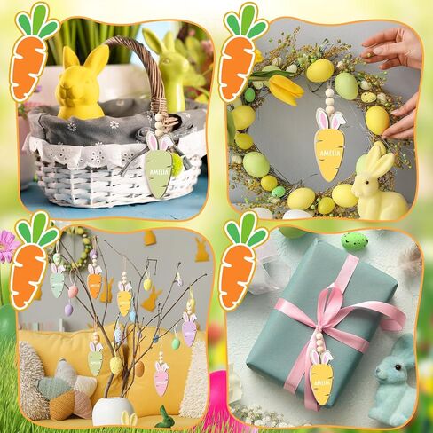 Youyole 24 Pcs Easter Basket Name Tag Personalized Wooden Bunny Carrot Hanging Sign Gift Tags Blank Rabbit Carrot Cutouts with Beads Twine Spring Gifts Tags for Easter Party DIY Craft Home Decor in Saudi Arabia