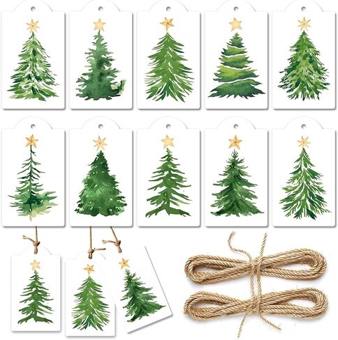 120 Pcs Christmas Tree Gift Tags with Hemp Rope Green Watercolor Christmas Tree Paper Tags Winter Holiday Hanging Name Labels for Xmas Party Favor Present Decoration in Saudi Arabia