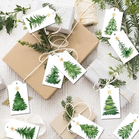 120 Pcs Christmas Tree Gift Tags with Hemp Rope Green Watercolor Christmas Tree Paper Tags Winter Holiday Hanging Name Labels for Xmas Party Favor Present Decoration in Saudi Arabia