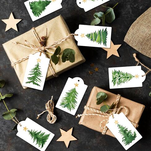 120 Pcs Christmas Tree Gift Tags with Hemp Rope Green Watercolor Christmas Tree Paper Tags Winter Holiday Hanging Name Labels for Xmas Party Favor Present Decoration in Saudi Arabia