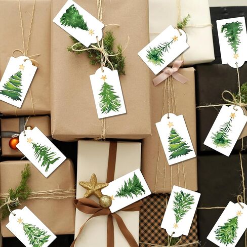 120 Pcs Christmas Tree Gift Tags with Hemp Rope Green Watercolor Christmas Tree Paper Tags Winter Holiday Hanging Name Labels for Xmas Party Favor Present Decoration in Saudi Arabia