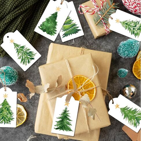 120 Pcs Christmas Tree Gift Tags with Hemp Rope Green Watercolor Christmas Tree Paper Tags Winter Holiday Hanging Name Labels for Xmas Party Favor Present Decoration in Saudi Arabia