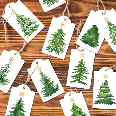 120 Pcs Christmas Tree Gift Tags with Hemp Rope Green Watercolor Christmas Tree Paper Tags Winter Holiday Hanging Name Labels for Xmas Party Favor Present Decoration in Saudi Arabia