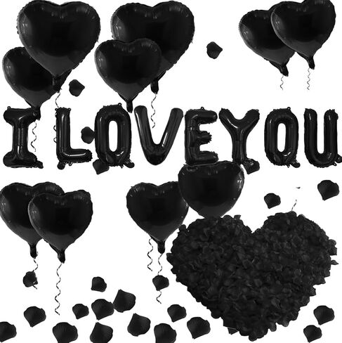 I Love You Heart Balloons with 500 Pieces Black Rose Petals, Black Foil Mylar Love Balloons for Him/Her Wedding Anniversary Engagement Valentine Day Romantic Decorations Special Night Party Supplies in Saudi Arabia