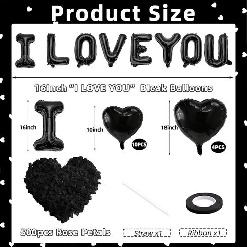 I Love You Heart Balloons with 500 Pieces Black Rose Petals, Black Foil Mylar Love Balloons for Him/Her Wedding Anniversary Engagement Valentine Day Romantic Decorations Special Night Party Supplies in Saudi Arabia