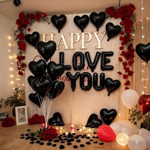I Love You Heart Balloons with 500 Pieces Black Rose Petals, Black Foil Mylar Love Balloons for Him/Her Wedding Anniversary Engagement Valentine Day Romantic Decorations Special Night Party Supplies in Saudi Arabia
