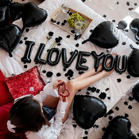 I Love You Heart Balloons with 500 Pieces Black Rose Petals, Black Foil Mylar Love Balloons for Him/Her Wedding Anniversary Engagement Valentine Day Romantic Decorations Special Night Party Supplies in Saudi Arabia