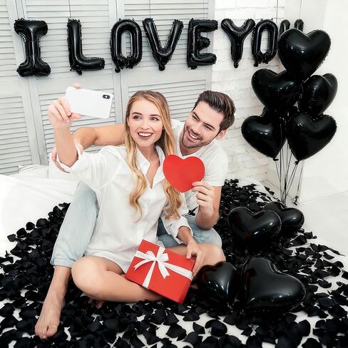 I Love You Heart Balloons with 500 Pieces Black Rose Petals, Black Foil Mylar Love Balloons for Him/Her Wedding Anniversary Engagement Valentine Day Romantic Decorations Special Night Party Supplies in Saudi Arabia