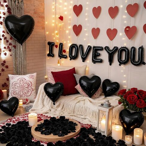 I Love You Heart Balloons with 500 Pieces Black Rose Petals, Black Foil Mylar Love Balloons for Him/Her Wedding Anniversary Engagement Valentine Day Romantic Decorations Special Night Party Supplies in Saudi Arabia