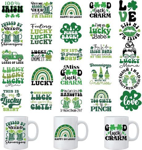 Patrick's Day UV DTF Stickers - 25 Green Lucky Clover UV DTF Cup Wraps for 16 oz Glass, Cute Gnome Transfer Sticker Decals for DIY Water Bottle Coffee Mug Tumbler Journal Decoration in Saudi Arabia
