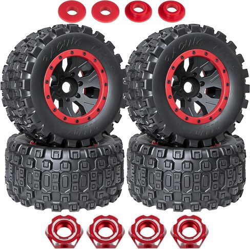 MX43 RC Wheels and Tires Truck Tires for 1/5 KRATON 8S EXB AVC 4X4 RTR,1/5 Outcast 8S EXB AVC 4X4 RTR,1/5 X-MAXX 8S,Pro-line Racing Badlands Tires w/Wheel Hex,4PCS,Red in Saudi Arabia