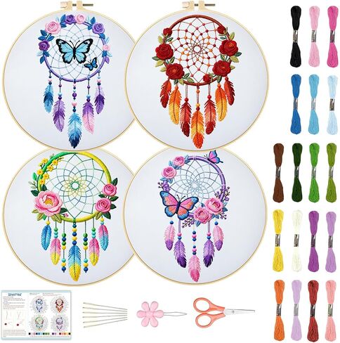 BEUNITONE 4 Sets Kits for Beginners with Dream Catcher Patterns, DIY Craft Kits for Adults Women with Embroidery Hoops, Instruction and Full Kits, Needlepoint Kits for Craft Lover and Home Decor in Saudi Arabia