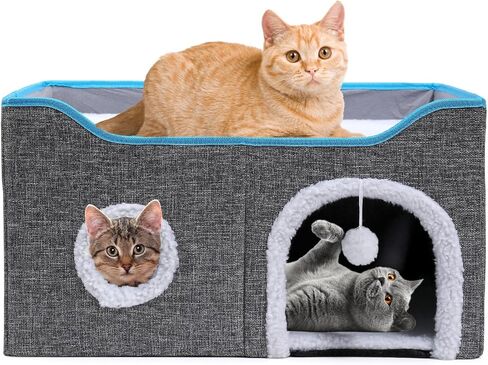 Houseables Cat House, Cat Cave Bed, Kitty House, Hideaway Pet Bed, Cathouse, Catbed, Kitten Hideout, Covered Pet Cave, Indoor Kitty Home, Hiding Spot, Enclosed Cubby Box, Fort Cube, w/Scratcher, Large in Kuwait
