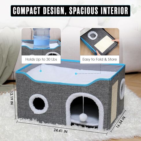 Houseables Cat House, Cat Cave Bed, Kitty House, Hideaway Pet Bed, Cathouse, Catbed, Kitten Hideout, Covered Pet Cave, Indoor Kitty Home, Hiding Spot, Enclosed Cubby Box, Fort Cube, w/Scratcher, Large in Kuwait