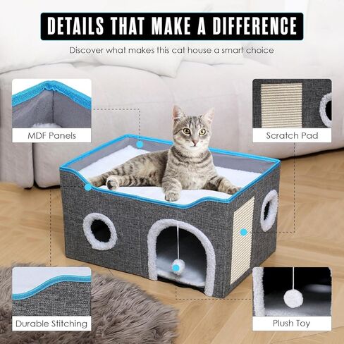 Houseables Cat House, Cat Cave Bed, Kitty House, Hideaway Pet Bed, Cathouse, Catbed, Kitten Hideout, Covered Pet Cave, Indoor Kitty Home, Hiding Spot, Enclosed Cubby Box, Fort Cube, w/Scratcher, Large in Kuwait