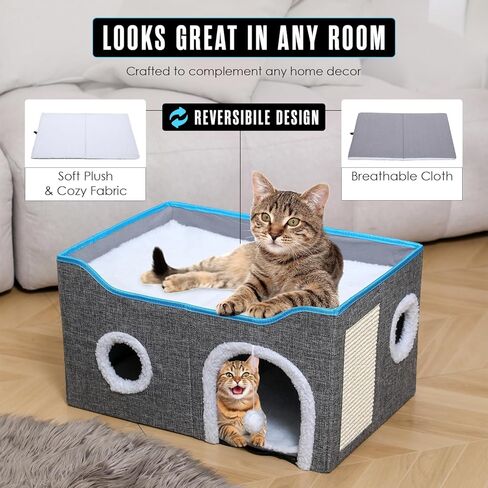 Houseables Cat House, Cat Cave Bed, Kitty House, Hideaway Pet Bed, Cathouse, Catbed, Kitten Hideout, Covered Pet Cave, Indoor Kitty Home, Hiding Spot, Enclosed Cubby Box, Fort Cube, w/Scratcher, Large in Kuwait