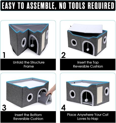 Houseables Cat House, Cat Cave Bed, Kitty House, Hideaway Pet Bed, Cathouse, Catbed, Kitten Hideout, Covered Pet Cave, Indoor Kitty Home, Hiding Spot, Enclosed Cubby Box, Fort Cube, w/Scratcher, Large in Kuwait