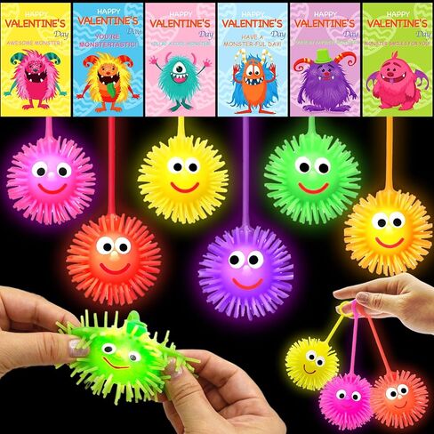 24 Pack Valentines LED Puffy Ball Toys ,Valentines Day Gifts with Valentine Cards Flashing Spiky Ball Toys Bulk Stress Relief School Classroom Prizes for Kids Boy Girl Exchange Gifts Party Favors in Saudi Arabia