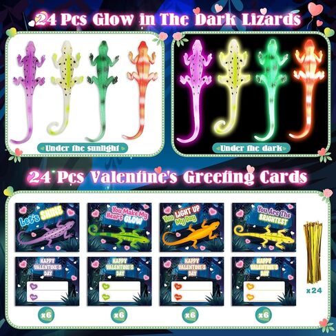 24 Pack Valentine's Day Cards for Kids with Glow in The Dark Lizard Toys, Valentines Day Gifts for Kids School Classroom Exchange, Valentine's Party Favors & Prizes for Kids in Saudi Arabia