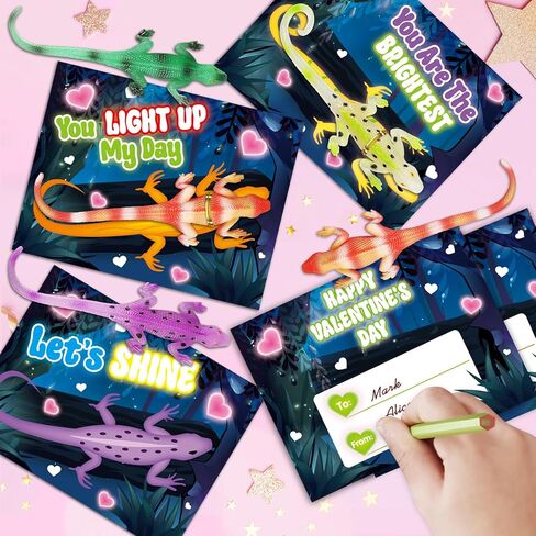 24 Pack Valentine's Day Cards for Kids with Glow in The Dark Lizard Toys, Valentines Day Gifts for Kids School Classroom Exchange, Valentine's Party Favors & Prizes for Kids in Saudi Arabia