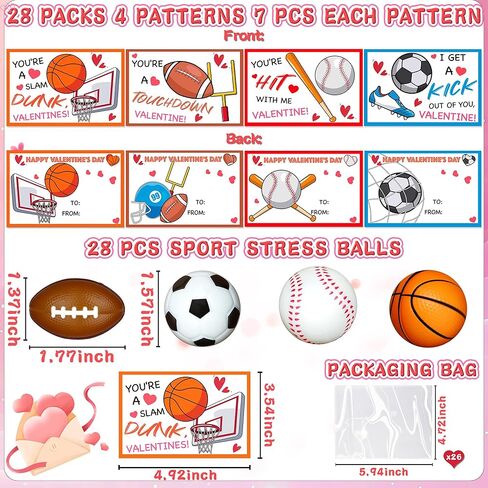 28 Pack Stress Ball Valentines Day Cards for Kids School, Valentines Day Gifts for Kids Classroom, Sports Valentines for Boys Class Valentines Exchange Cards Party Favors Exchange Gifts Prizes in Saudi Arabia