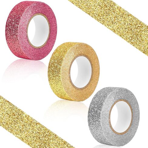 3 Rolls Glitter Washi Tape, 5/8 Inch（15mm)x 5.5 Yards Craft Self Adhesive Stick On Sticky Glitter Trim 3 Colors Metallic Decorative Washi Tape for DIY Scrapbooking, Journal, Planner, Gift Wrapping in Kuwait