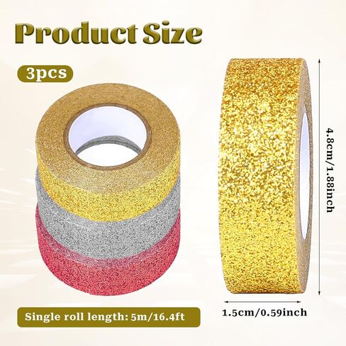 3 Rolls Glitter Washi Tape, 5/8 Inch（15mm)x 5.5 Yards Craft Self Adhesive Stick On Sticky Glitter Trim 3 Colors Metallic Decorative Washi Tape for DIY Scrapbooking, Journal, Planner, Gift Wrapping in Kuwait