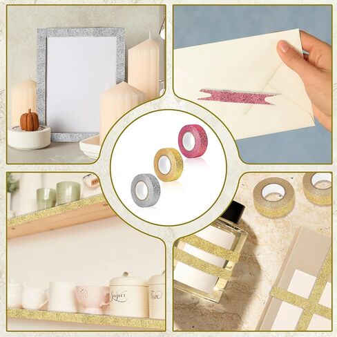 3 Rolls Glitter Washi Tape, 5/8 Inch（15mm)x 5.5 Yards Craft Self Adhesive Stick On Sticky Glitter Trim 3 Colors Metallic Decorative Washi Tape for DIY Scrapbooking, Journal, Planner, Gift Wrapping in Kuwait