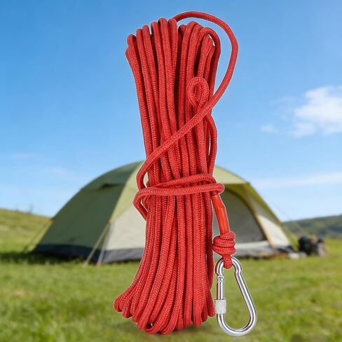 32.8ft/10m Multi-Purpose Outdoor Utility Rope with 2 Metal Carabiners, 4mm Heavy Duty Braided Camping Line, High-Visibility Red Travel Clothesline in Saudi Arabia
