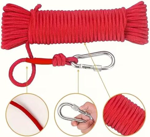32.8ft/10m Multi-Purpose Outdoor Utility Rope with 2 Metal Carabiners, 4mm Heavy Duty Braided Camping Line, High-Visibility Red Travel Clothesline in Saudi Arabia