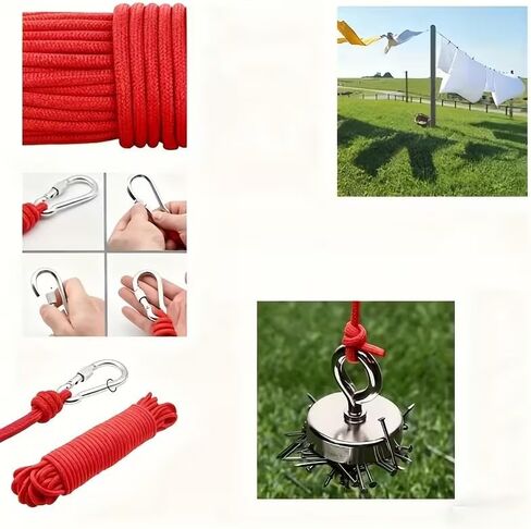 32.8ft/10m Multi-Purpose Outdoor Utility Rope with 2 Metal Carabiners, 4mm Heavy Duty Braided Camping Line, High-Visibility Red Travel Clothesline in Saudi Arabia