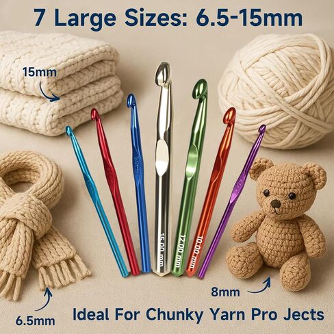 7PCS Ergonomic Crochet Hooks Set, Jumbo Ergonomic Metal Crochet Needles (6.5-15mm), Crochet Hook Set for Chunky Yarn, Blankets, Rugs, Crochet Hooks for Beginners & Adults in Kuwait