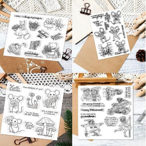 4 Cute Mice Set -Sentiments Rubber Clear Stamps Set for Card Making Acrylic Stamp Block Tools with Grid Lines Craft Supplies DIY Scrapbooking Notebook Stamps in Saudi Arabia