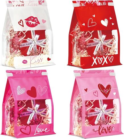 Pajean 28 Pack Valentines Day Gift Bags with Tin Tie Lock, Plastic Valentines Candy Goodies Bags Red Pink Heart Shaped Treat Favor Bag Cookies Packaging Bag for Wedding Holiday Party Gift Giving in Saudi Arabia