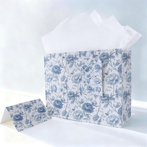 JAYTEM Bridal Shower Gift Bag, 13" Blue and White Large Wedding Gift Bag with Tissue Paper Greeting Card Tag Envelope, Chinoiserie Peony Floral Elegant Gift Bags for Women, Anniversary, Mother's Day, Birthday, Christmas in Saudi Arabia