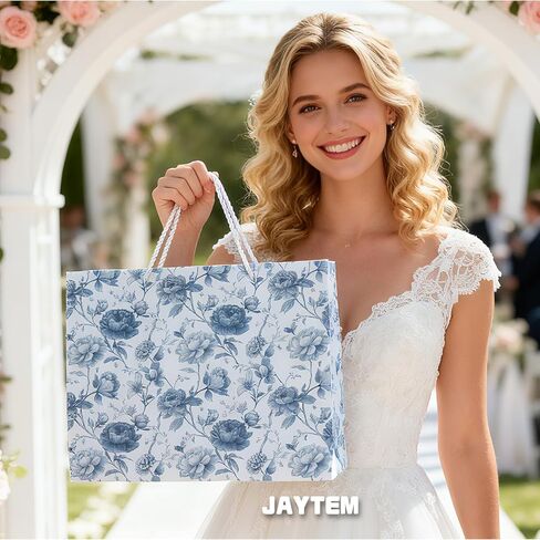 JAYTEM Bridal Shower Gift Bag, 13" Blue and White Large Wedding Gift Bag with Tissue Paper Greeting Card Tag Envelope, Chinoiserie Peony Floral Elegant Gift Bags for Women, Anniversary, Mother's Day, Birthday, Christmas in Saudi Arabia