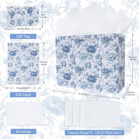 JAYTEM Bridal Shower Gift Bag, 13" Blue and White Large Wedding Gift Bag with Tissue Paper Greeting Card Tag Envelope, Chinoiserie Peony Floral Elegant Gift Bags for Women, Anniversary, Mother's Day, Birthday, Christmas in Saudi Arabia