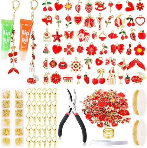 Janinka 275 Pcs Galentine Lip Gloss DIY Keychain Charms Accessories Gift Set Including Fruit Beads Letter Enameled Charms Lipstick Keyring for Valentine DIY Women Girls, Lip Balm Not Include(Novelty) in Saudi Arabia