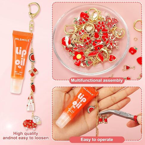 Janinka 275 Pcs Galentine Lip Gloss DIY Keychain Charms Accessories Gift Set Including Fruit Beads Letter Enameled Charms Lipstick Keyring for Valentine DIY Women Girls, Lip Balm Not Include(Novelty) in Saudi Arabia