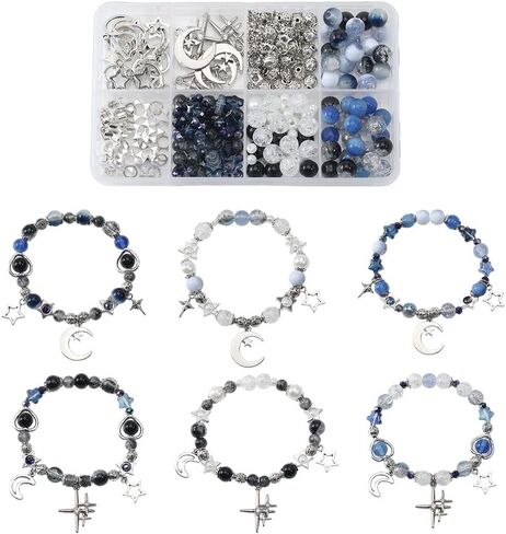 SUNNYCLUE 1 صندوق 314 قطعة DIY 6 مجموعات أساور صنع عدة القمر والنجمة سحر الهلال النجوم حبة الزجاج الأزرق الأوجه تقليد اللؤلؤ فضفاض الخرز فاصل لصنع المجوهرات مجموعات هدايا النساء البالغات in Kuwait